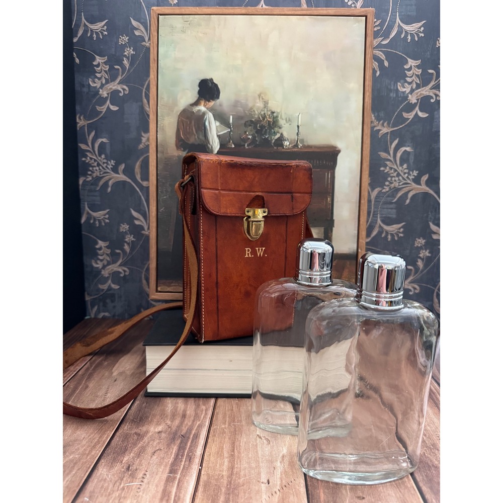 Vintage Leather Traveling Bar Flask Case European Glass Flasks Set Initials RW